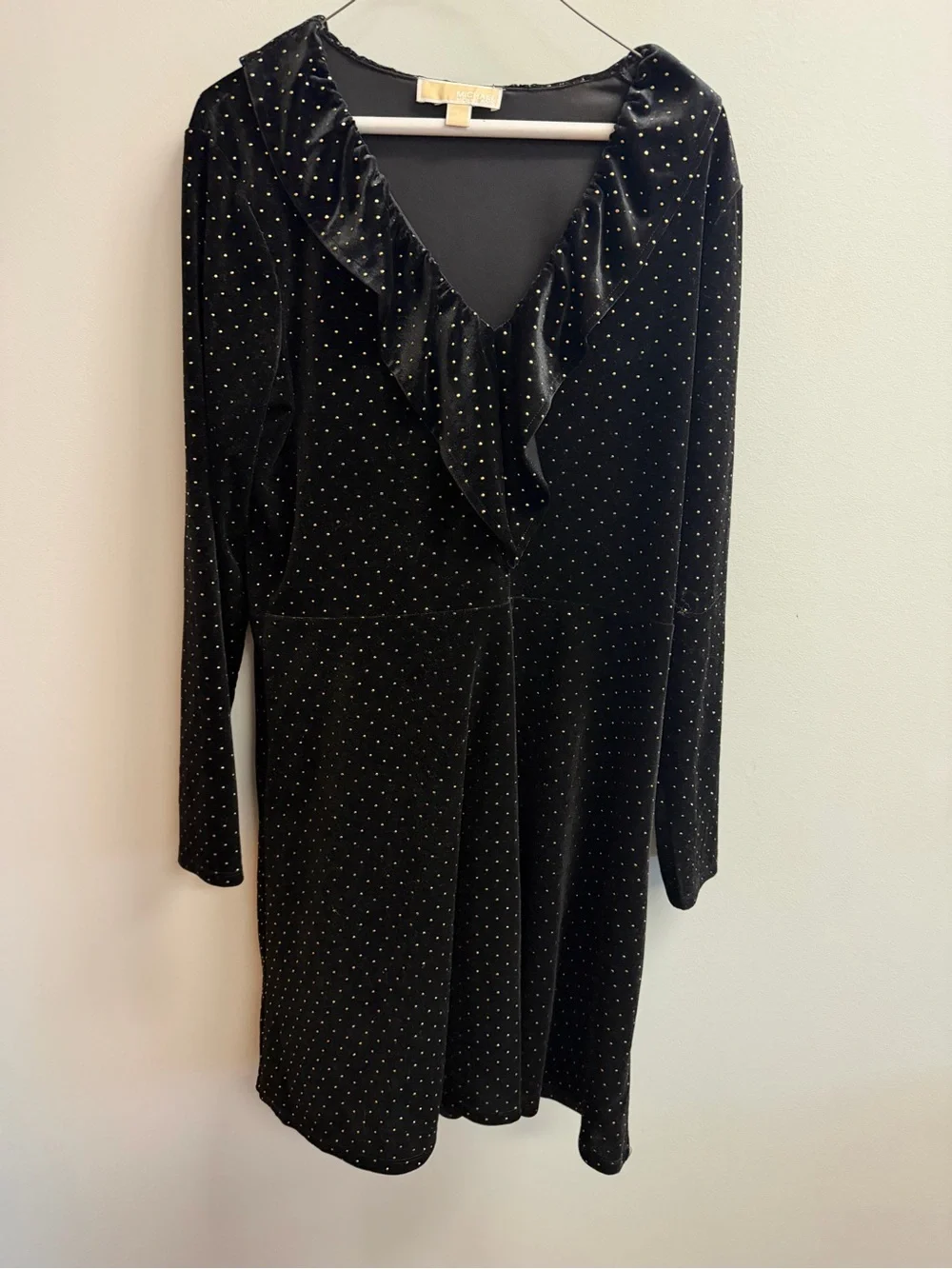 Michael Kors Black Velvet Long-Sleeve V-Neck Dress with Gold Dot Detail